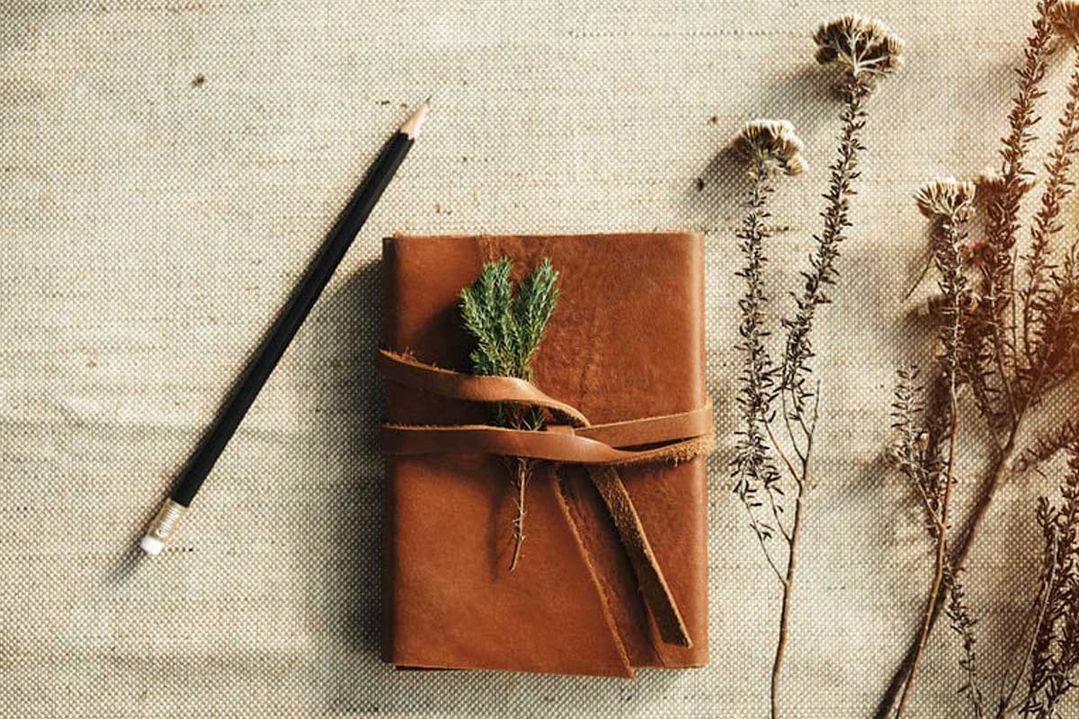 Divine-Light-Psychedelic-Preparation-and-Integration-Journal A vintage-style leather journal, ready for personal reflection, with a pencil and dried botanical elements, representing the journaling process for Divine Light's psychedelic preparation and integration program.